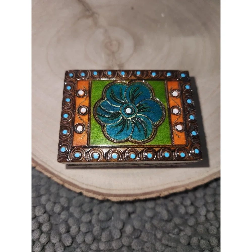 Polish Hand Made Painted/Carved~Burnt Details- Wooden Trinket Box Blue Flower